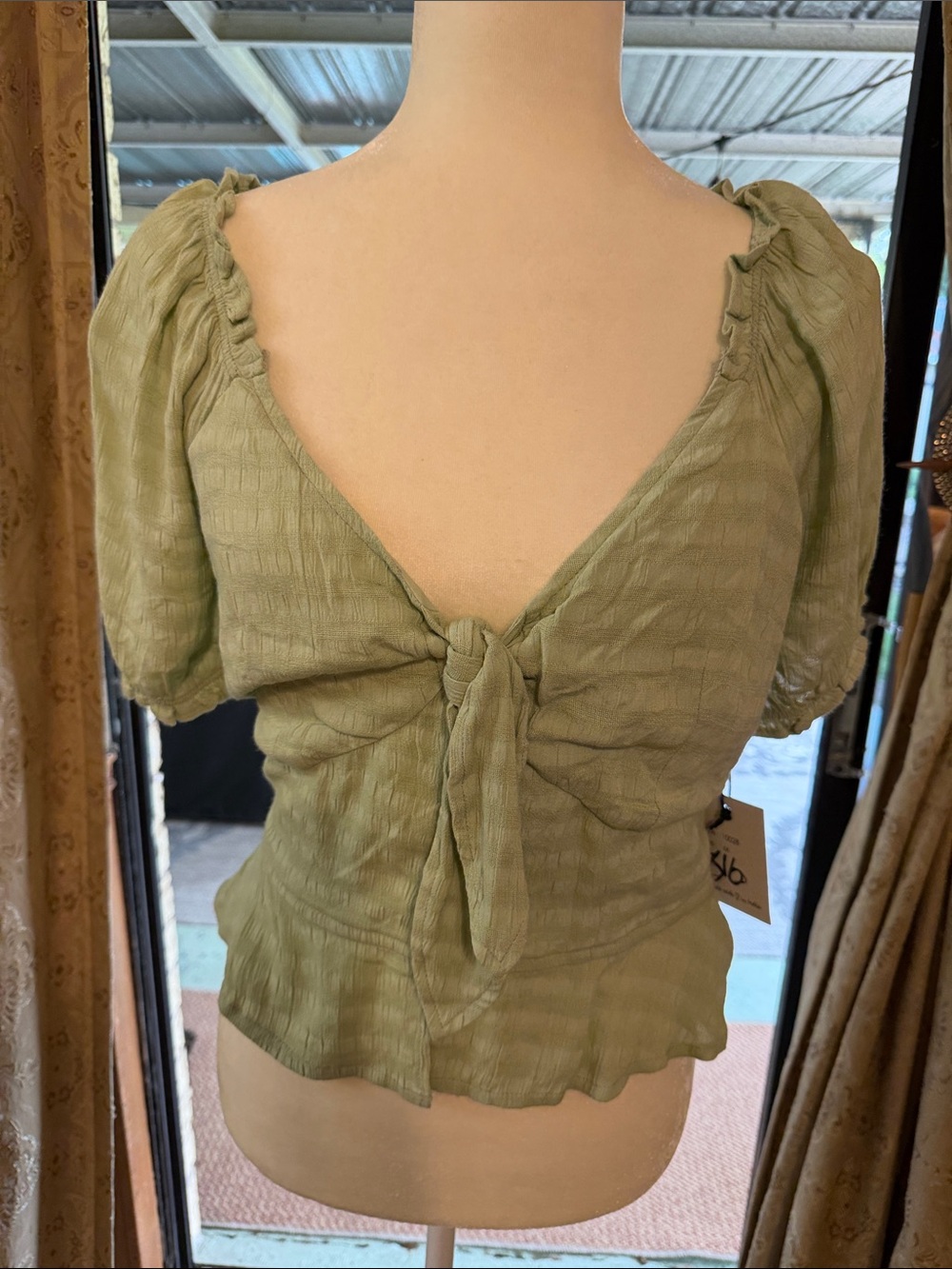 Japna Olive Green Tie-Front Puff Sleeve Blouse